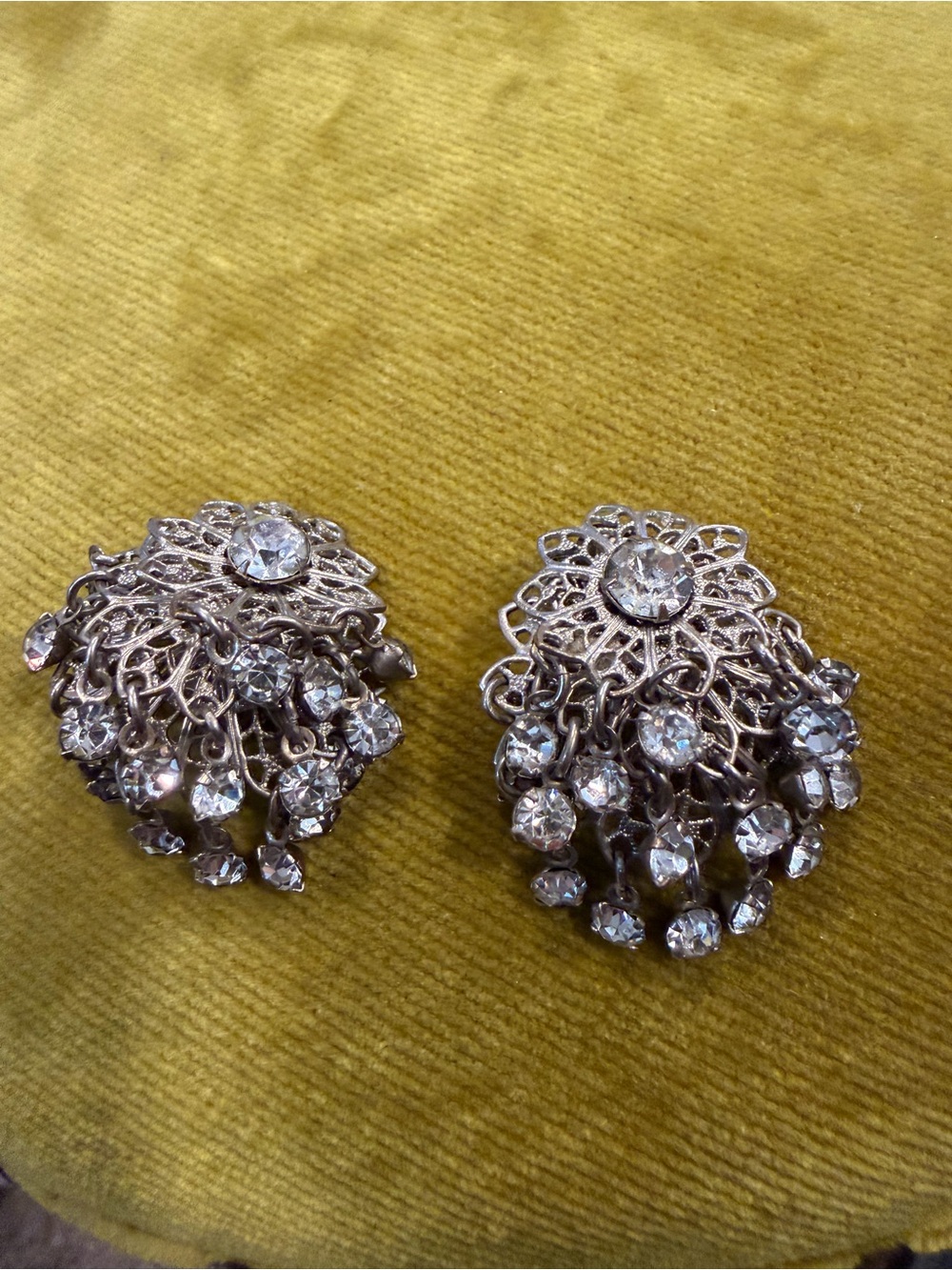 Ornate Filigree Rhinestone Chandelier Clip-On Earrings